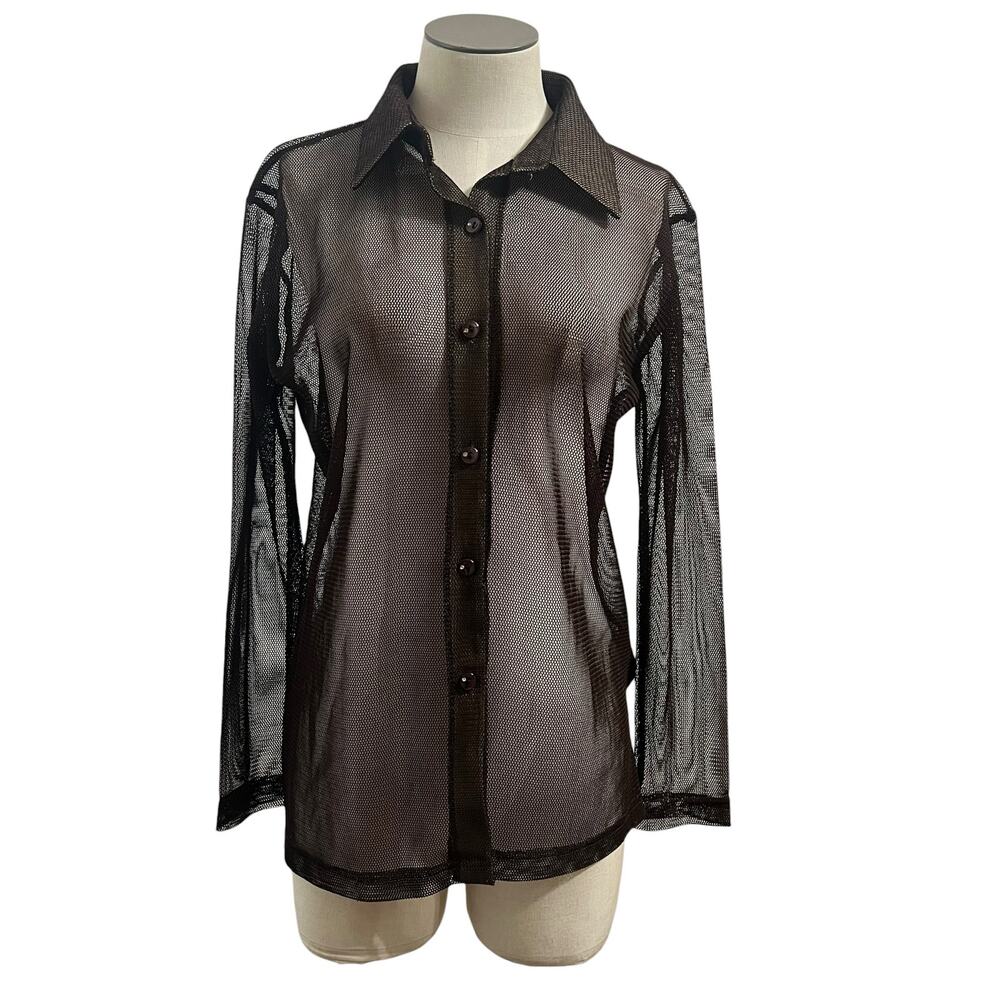 Womens Brown Sheer Mesh Fishnet Long Sleeve Button Up Festival Grunge Rave Shirt